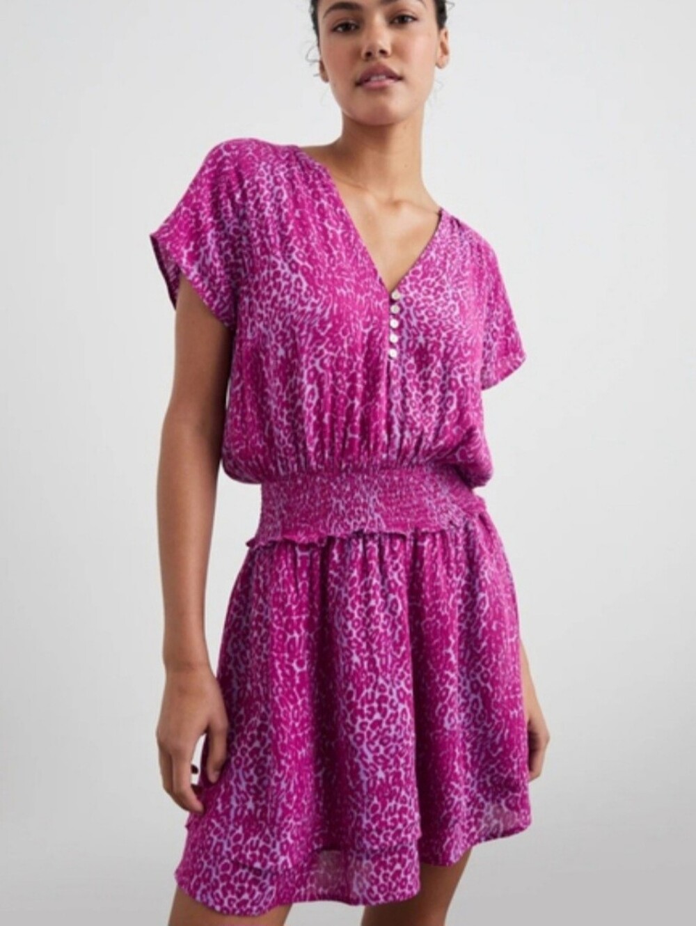 Rails Fuchsia Leopard Print V-Neck Smocked Waist Dress